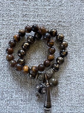 Brown Beaded Stretch Bracelet Set with Tassel Charm